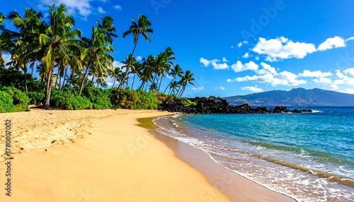 Fototapeta Naklejka Na Ścianę i Meble -  Sandy beach with palm trees along a turquoise ocean under a blue sky with puffy white clouds, and a mountain in the distance