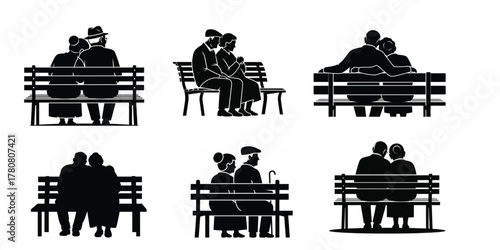 Elderly Couple Sitting on Bench Vector Set — Old Man and Woman Resting Together, Senior Love, Black Silhouette Icons Isolated on white Background