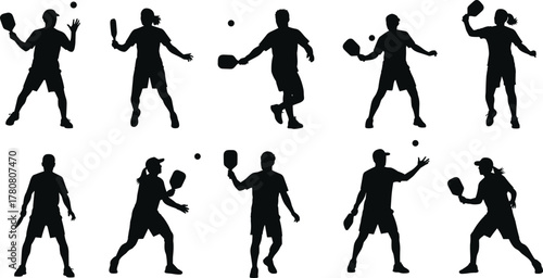 Pickleball players silhouettes, paddle action poses, dynamic movement, sports illustration, active lifestyle, fitness game, outdoor recreation, competitive match, athletic figures, energetic play