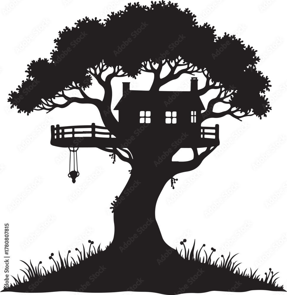 Fototapeta premium Black silhouette of a treehouse with a swing black and white