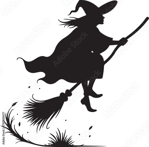 Black silhouette of a witch flying on a broomstick