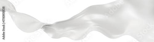 Flying white silk textile fabric flag background. Smooth elegant white Satin Isolated on grey Background for grand opening ceremony. White curtain. 3d png illustration