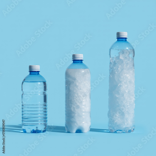 A minimalist product photo of three plastic water bottles on light blue background, showing clear to icy crystal transformation, clean lighting, modern aesthetic, sharp focus, symmetry, soft shadows.