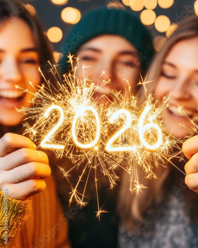 Friends celebrating New Year's Eve with sparklers, smiling together as they welcome 2026 with joy and excitement.