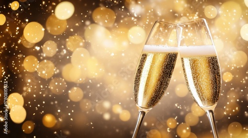 Two elegant champagne glasses clinking together in celebration, surrounded by a backdrop of sparkling golden lights.