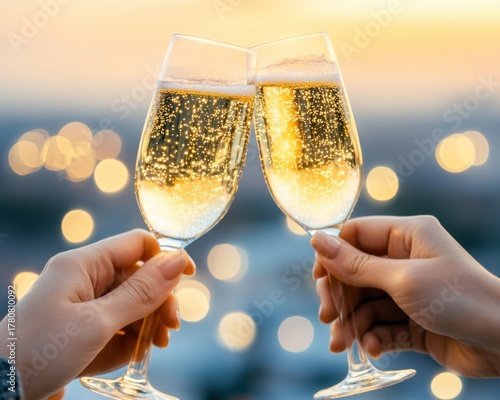 Two glasses of sparkling champagne clinking together against a blurred sunset background, celebrating joy and friendship.