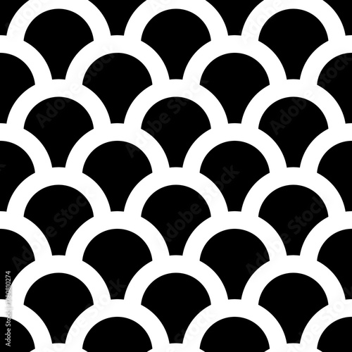 Japan traditional ethnic embroidery ornament with repeated scallops. Fish scale. Repeat scallop background. Seamless surface pattern design with scales. Ancient japanese sashiko uroko motif. Squama.