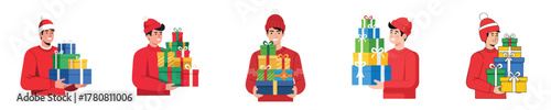 Happy Man Holding Christmas Holiday Presents Stack Flat Vector Illustration Set