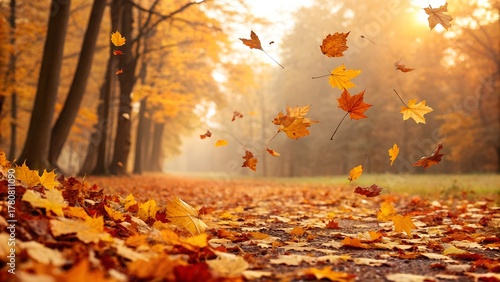 Golden autumn leaves gently fall from trees along a winding park path, illuminated by warm sunlight during a beautiful peaceful day.