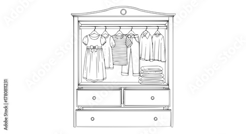 Vector line drawing of a child’s wardrobe with hanging clothes and drawers