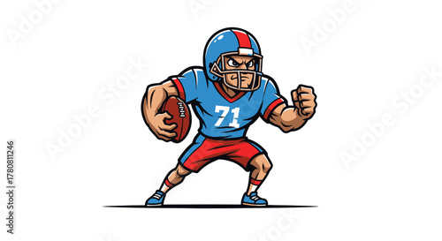 Dynamic cartoon football player mascot design captured in an energetic, ready-for-action pose, embodying competitive spirit, ideal for sports branding, team emblems, or engaging game illustrations