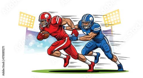 Action-packed vector illustration of a football player running with the ball while an opponent attempts a dramatic tackle on the field