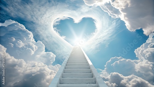 A white stairway ascends through fluffy clouds towards a bright sun and a heart shaped opening in the blue sky.