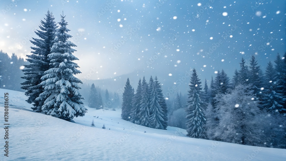 Fototapeta premium Heavy snow falls gently over a beautiful winter forest landscape with tall pine trees covered in fresh white powder and a serene sky.