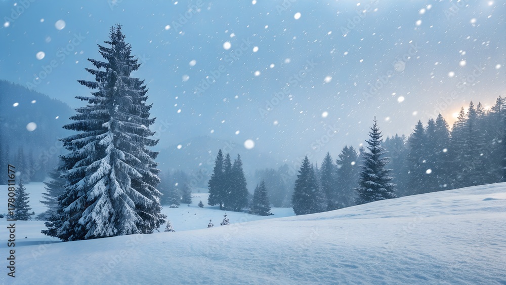 Fototapeta premium Snowflakes gently fall over a beautiful winter forest landscape, featuring snow-covered pine trees and a serene white field under the peaceful sky.