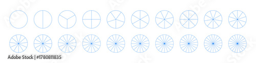 Pie, pizza charts set. Segmented flat blue charts. Many number of sectors divide the circle on from 1 to 20 equal parts. Segments simple infographic icons. Diagram wheel parts pattern.