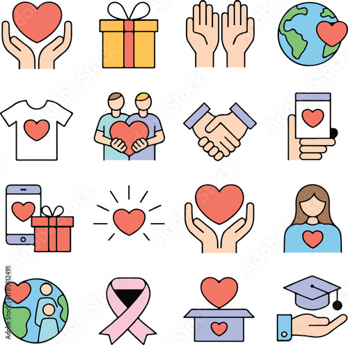 Charity and philanthropy symbols vector icon set fundraising elements isolated