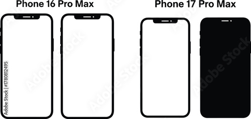 Phone 16 pro max and phone 17 pro max mockup template isolated on white background mobile phone outline and silhouette for ui ux app design presentation vector illustration of cellphone frame with bla