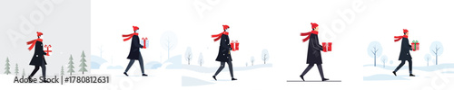 Outdoor Activity Man Walking in Snow Landscape Carrying Christmas Gift Vector