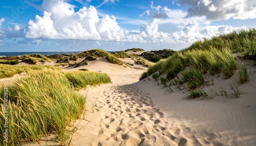 Fototapeta Naklejka Na Ścianę i Meble -  Sandy path winds through grassy dunes to sea, blue sky with puffy clouds above