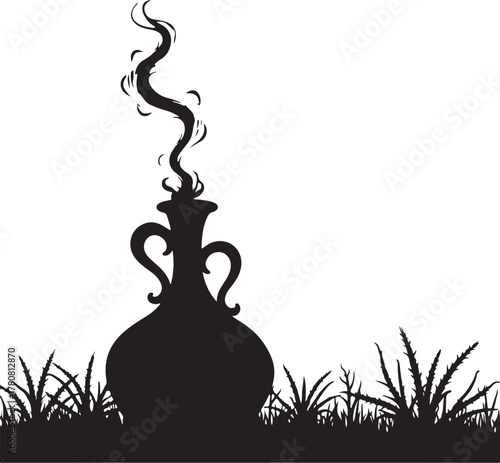 Black silhouette of ancient amphora with smoke rising in grass