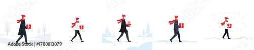 Man Carrying Christmas Gift Box Walking in Snow Flat Vector Scene