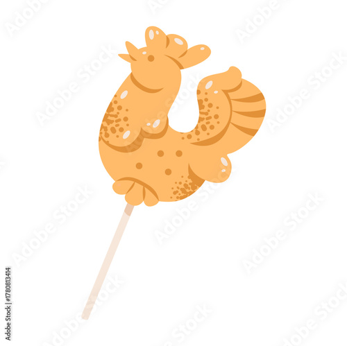 Festive Christmas cockerel lollipop in flat vector style. Traditional caramel rooster candy for holiday treats.