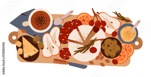 Charcuterie board in cozy flat vector style. Gourmet cheese, fruit and meat for holiday brunch or party menu. Elegant grazing platter with berries, nuts and coffee.