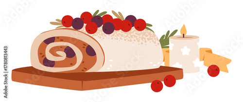 Festive Christmas cake decorated with icing and candy. Sweet festive cake for Christmas and New Year. Cozy flat vector illustration.