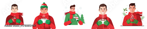 Hot Chocolate Man Drinking Warm Cocoa Beverage Flat Vector Illustration