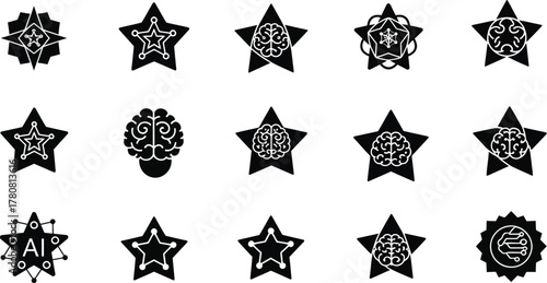 Collection of fifteen star icons representing artificial intelligence, showcasing a variety of designs with brains, circuits, and ai lettering, isolated on white background