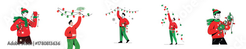Christmas Lights Man Hanging Colorful Garland Decorations Flat Vector Illustration Set