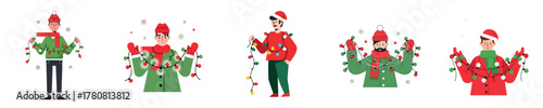 Man Holding Christmas Lights Garland for Holiday Decoration Flat Vector Set