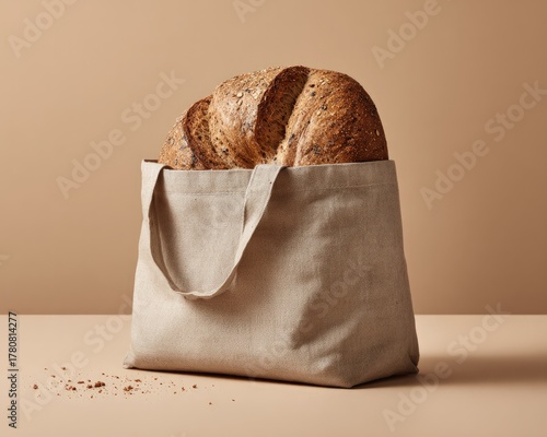 Golden Brown Artisan Bread In Beige Tote Bag
