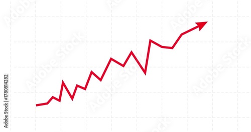Chart arrow irregular still goes up red and white on light grid. Graph rising fast. Business cartoon animation. Economy metaphor.