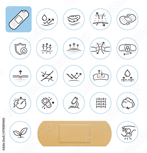 Adhesive bandage strip mockup with icon sheet. Vector Illustration isolated on white background. Ready and easy to use for your design. EPS10.