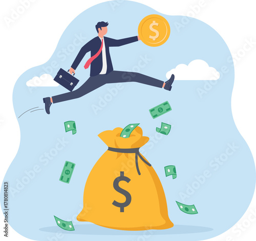 and financial gains, concept of A rich businessman jumps high on a stack of coins with a growth graph
