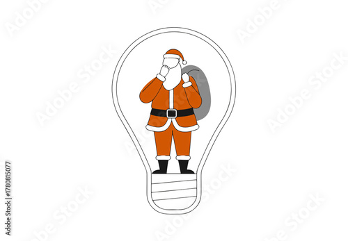 Santa Claus inside lightbulb outline thinking pose, orange suit variation, creative conceptual illustration design, isolated on a transparent background. Christmas, Illustration.