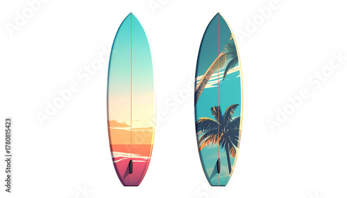 Fototapeta Naklejka Na Ścianę i Meble -  Collection of Two Colorful Surfboard Designs Standing Upright isolated on transparent background