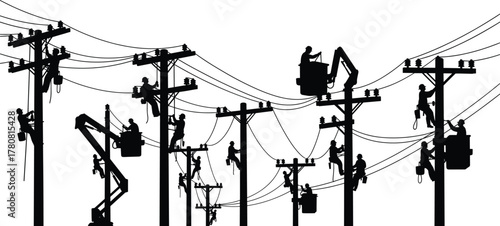 utility workers on power lines silhouette, electrical line maintenance vector, lineman teamwork illustration, power distribution repair artwork, black white worker design,  