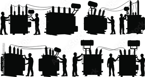 Silhouette workers inspecting electrical transformers, industrial maintenance concept, utility power infrastructure, high voltage equipment service, flat vector illustration, safety helmet design