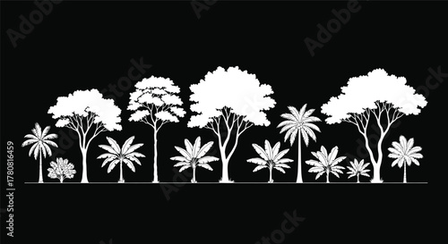 A diverse row of white tree silhouettes against a dark gray background, featuring a variety of species including palm trees and deciduous trees, creating a natural and serene landscape illustration
