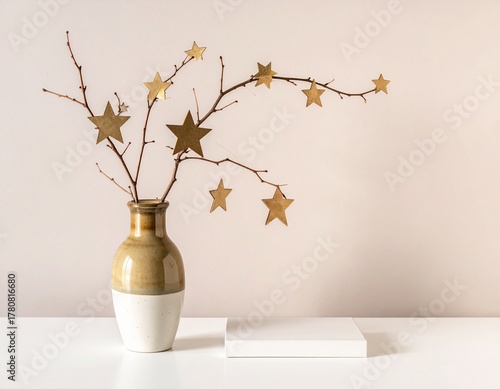 星形オーナメントと白い花瓶のミニマルなクリスマスデコレーション　Minimalist Christmas Decoration with Gold Star Ornaments and White Vase