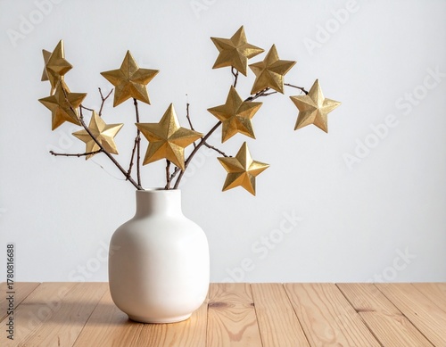 星形オーナメントと白い花瓶のミニマルなクリスマスデコレーション　Minimalist Christmas Decoration with Gold Star Ornaments and White Vase