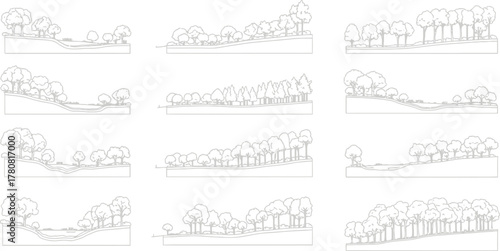 A set of twelve minimalist landscape sketches, each presenting a different arrangement of trees and grassy hills, created with fine lines and a clean aesthetic isolated on white background