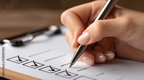 Wallpaper Mural Hand Holding Pen Marking Checklist on Clipboard with Checkbox Options for Task Management and Organization Torontodigital.ca