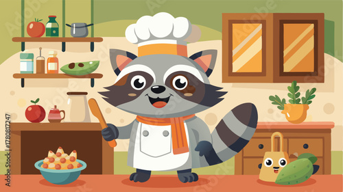 Cartoon Raccoon Chef Holding Plate of Fresh Produce, A delightful culinary character ready to cook