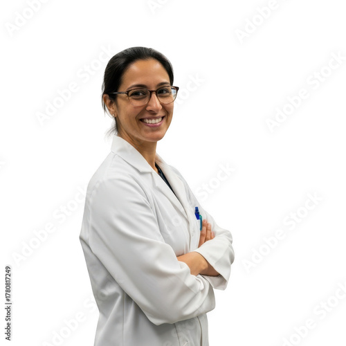 Smiling female doctor in white lab coat with arms crossed isolated on transparent background