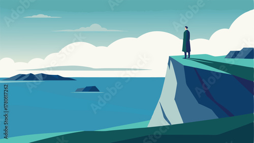 Man in suit with briefcase standing on a cliff overlooking the ocean, Embracing new horizons, future prospects, and career success
