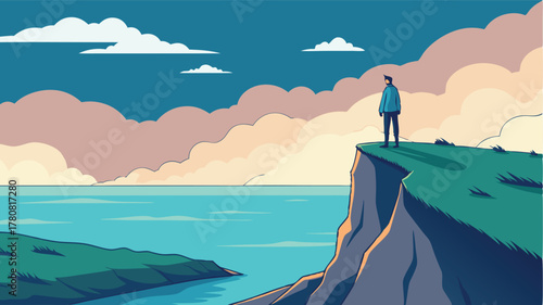 Man in suit with briefcase standing on a cliff overlooking the ocean, Embracing new horizons, future prospects, and career success